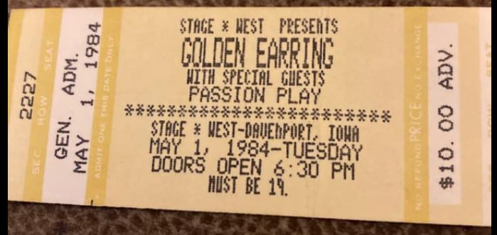Golden Earring show ticket#2227 May 01 1984 Davenport (Iowa) Stage West